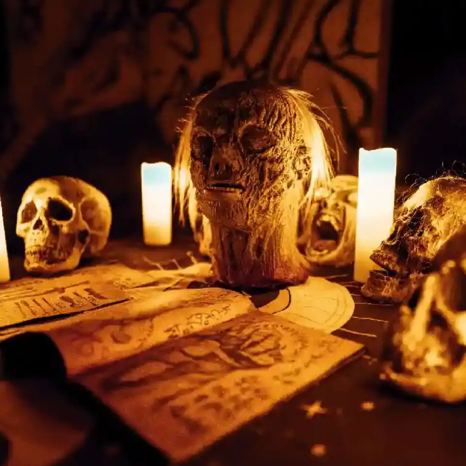 Mansão Assombrada: caveiras, velas e pergaminhos sobre uma mesa